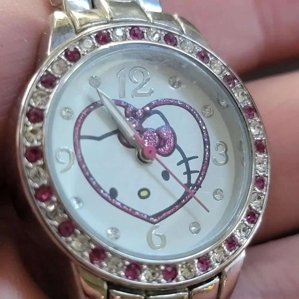 Hello Kitty Silver Watch Pink Heart Rhinestone Dial Women Bracelet Style Cute - Picture 7 of 10